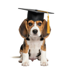 Adorable beagle puppy wearing a graduation cap and glasses sitting proudly isolated on transparent background