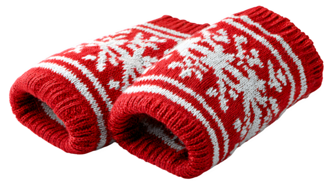 Red and white striped leg warmers with snowflake motifs and ribbed tops, cozy winter accessory, isolated on white background