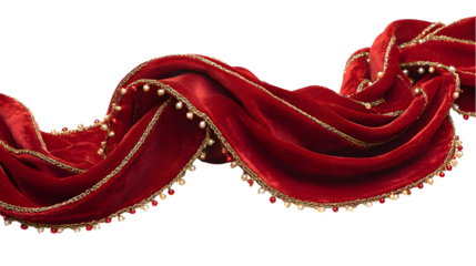 Red velvet garland with gold-thread embroidery and tiny pearl beads, draped in luxurious folds, opulent holiday texture, isolated on white background