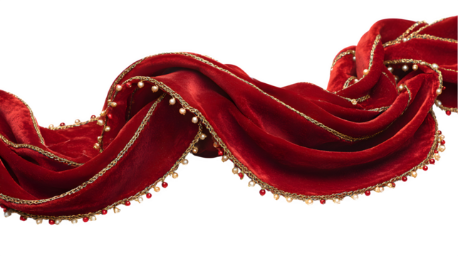 Red velvet garland with gold-thread embroidery and tiny pearl beads, draped in luxurious folds, opulent holiday texture, isolated on white background
