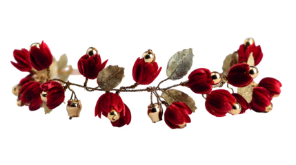 Red velvet hair vine with tiny gold bells and faux holly leaves, boho holiday hairpiece, isolated on white background