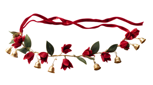 Red velvet hair vine with tiny gold bells and faux holly leaves, boho holiday hairpiece, isolated on white background - Powered by Adobe