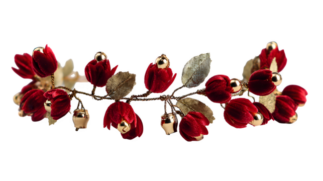 Red velvet hair vine with tiny gold bells and faux holly leaves, boho holiday hairpiece, isolated on white background