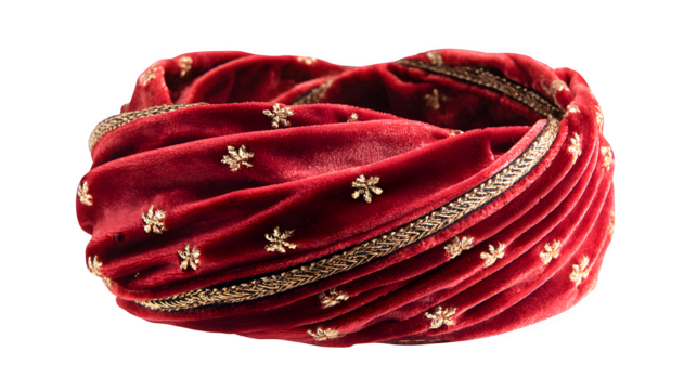 Red velvet hair wrap with gold thread holly and elastic closure, protective and decorative, isolated on white background