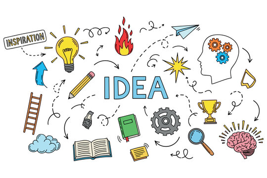 Creative brainstorming concept with doodles of ideas and symbols