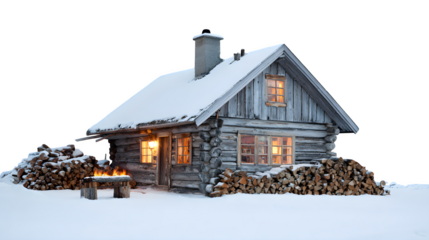 Remote log cabin with snow-covered woodpile, axe stuck in a stump, and warm light in every window, isolated on white background