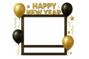 Happy new year golden photo frame with balloons