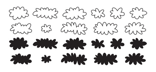 Cartoon cloud icon set, fluffy shape. Flat vector hand drawn doodle clouds isolated on white background.