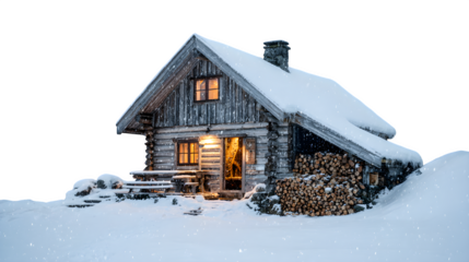 Remote log cabin with snow up to the windows, warm light in every pane, and woodpile stacked neatly, isolated on white background
