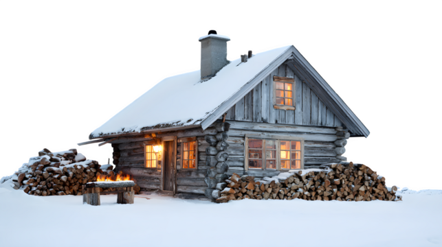 Remote log cabin with snow-covered woodpile, axe stuck in a stump, and warm light in every window, isolated on white background