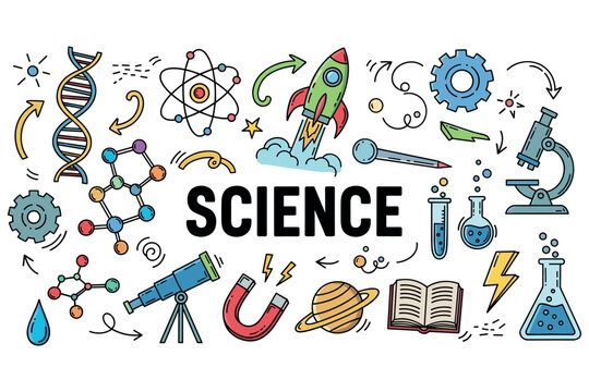 Colorful science icons featuring dna, microscope, and rocket illustrations