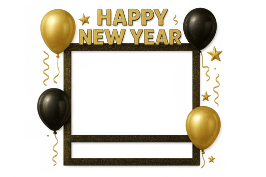 Happy new year golden photo frame with balloons