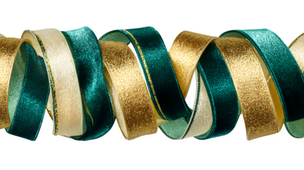 Ribbon garland with alternating velvet and satin strips in emerald, gold, and cream, rich texture and drape, isolated on white background