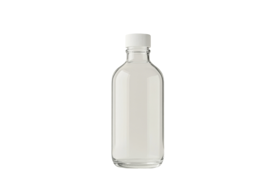 Clear Glass Bottle with a White Cap Standing  isolated on transparent background, Highlighting Its Simple and Elegant Design Perfect for Various Uses