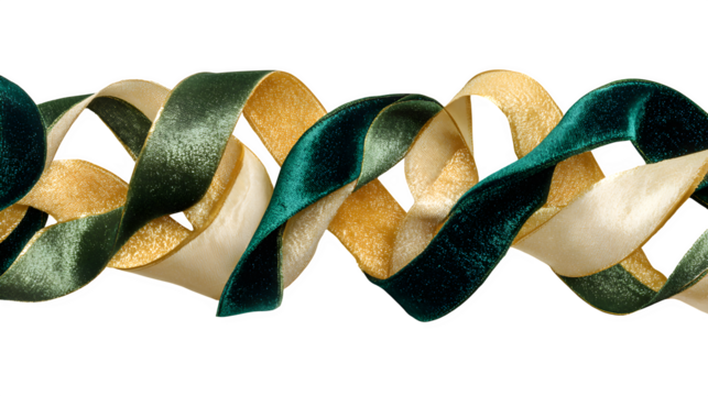 Ribbon garland with alternating velvet and satin strips in emerald, gold, and cream, rich texture and drape, isolated on white background