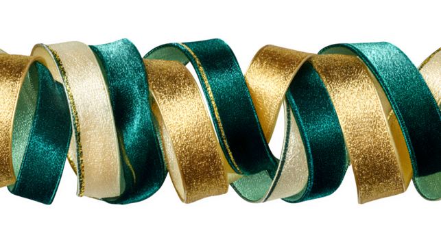 Ribbon garland with alternating velvet and satin strips in emerald, gold, and cream, rich texture and drape, isolated on white background