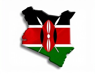 Kenya Map with Kenyan Flag Colors and Maasai Shield/Spears on White Background 3D Render