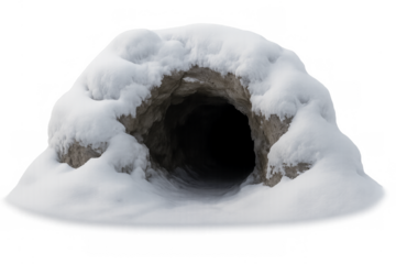 Winter snow cave entrance with dark interior