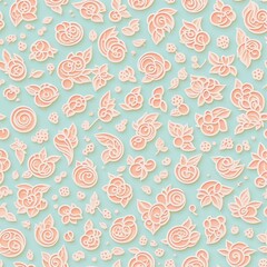 A seamless floral pattern of pink stickers with flowers on a blue background.