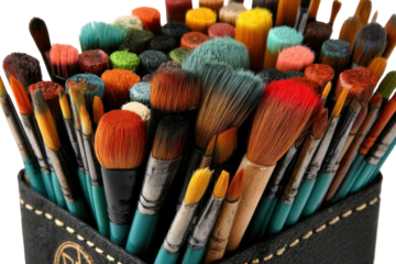 A Colorful Array of Art Brushes Perfectly Organized in a Black Holder Ready for Creative Expression and Imagination in Painting and Drawing isolated on transparent background