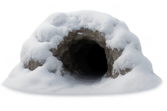 Winter snow cave entrance with dark interior