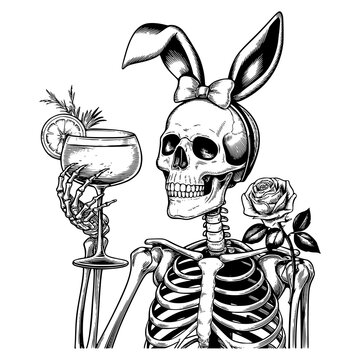 Skeleton Drinking Cocktail &ndash; Fun Halloween Illustration of a Relaxed Skeleton Enjoying Leisure Time