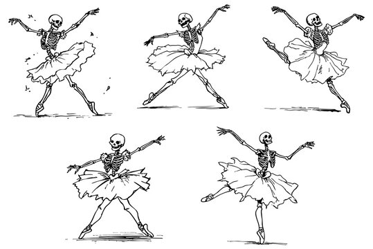 Skeleton Ballerina Clipart &ndash; Elegant Dancing Skeleton Illustration with Gothic Halloween Aesthetic