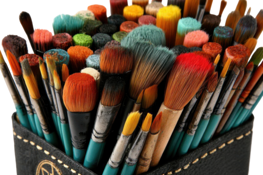 A Colorful Array of Art Brushes Perfectly Organized in a Black Holder Ready for Creative Expression and Imagination in Painting and Drawing isolated on transparent background