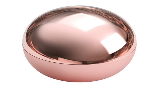 Rose gold mirrored ornament with smooth reflective surface and soft beveled edges, modern glam, isolated on white background