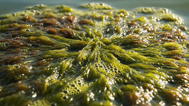 Close up of green algae in water natural aquatic environment with textural details