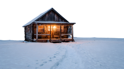 Rustic wooden cabin nestled in a snowy clearing, glowing lanterns on the porch and footprints leading to the door, isolated on white background