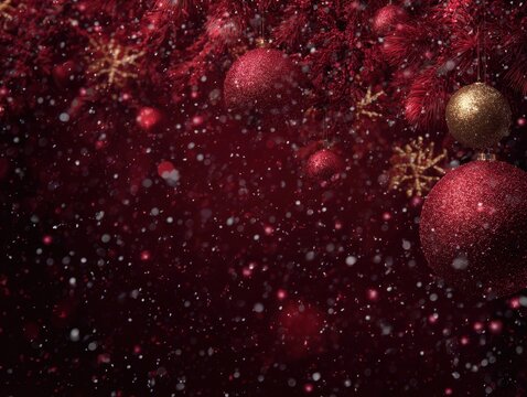 Crimson Holiday Embellishments: a festive arrangement of shimmering red baubles and golden snowflakes against a dark red backdrop, the scene evokes a sense of holiday festivity.