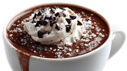 Fototapeta premium Salted dark hot chocolate with flaky sea salt, whipped cream, and cacao nibs, intense and sophisticated, isolated on white background