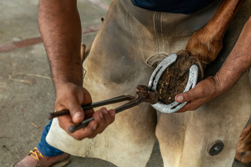 Close-up of a Man cleaning Horse's hoof on a Ranch, Panama, Chiriqui, Central America - stock photo