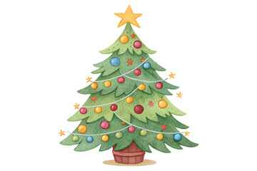 Watercolor cartoon Christmas tree with colorful ornaments and a bright yellow star on top. Festive, cheerful winter holiday illustration, perfect for greeting cards, posters, invitations, and seasonal