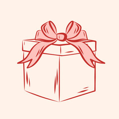Coquette linear illustration gift. Festive box decorated with bow.