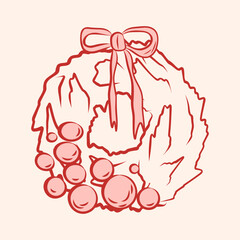 Coquette Christmas wreath with toys and bow. Christmas decorative element.