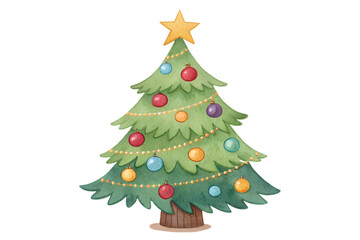 Watercolor cartoon Christmas tree with colorful ornaments and a bright yellow star on top. Festive, cheerful winter holiday illustration, perfect for greeting cards, posters, invitations, and seasonal