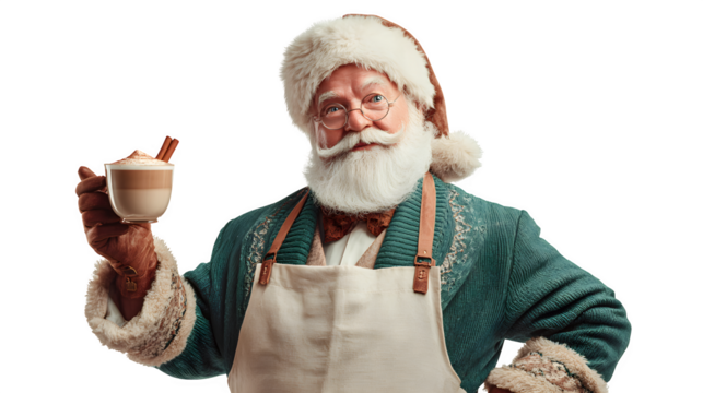 Santa as a barista, holding a festive latte with cinnamon stick, wearing an apron over his classic suit, isolated on white background