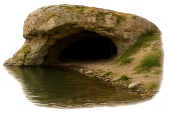 Dark cave entrance near water with transparent background