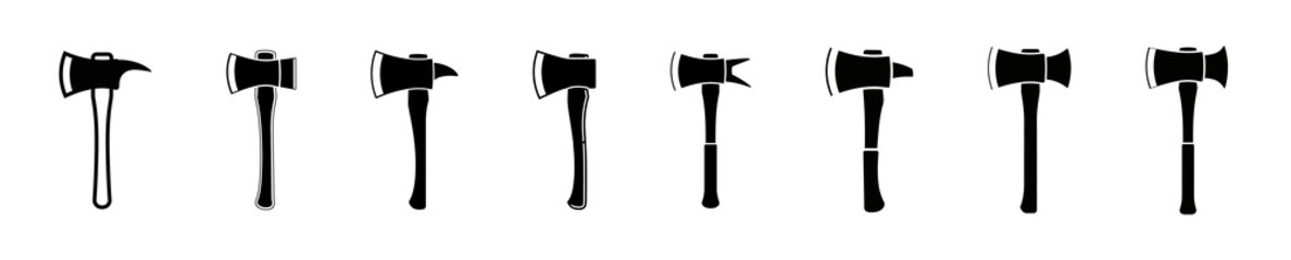 A collection of eight black silhouette icons of various types of hammers and axes arranged in a horizontal line.