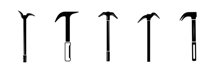 A collection of five different hammer designs, each with a unique head shape and handle.