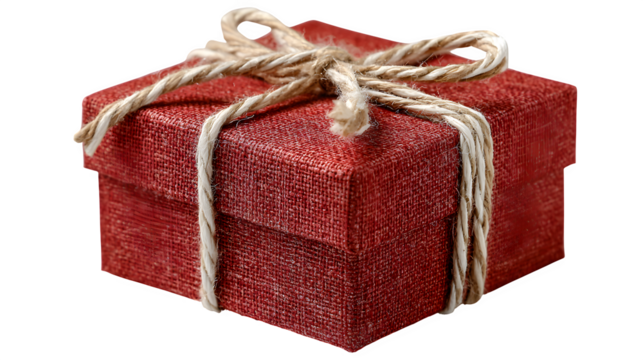 Minimalist red gift box wrapped with white string representing Christmas greetings isolated on white background