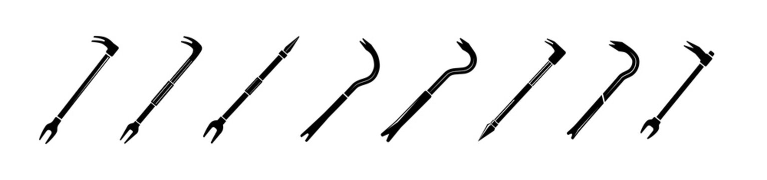 A row of various black silhouette crowbars and pry bars on a white background, depicting different tool shapes.