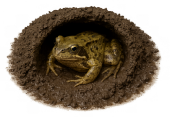 Frog hiding in mud burrow on transparent background