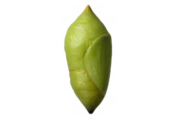 Green chrysalis incubating butterfly transforming metamorphosis cycle