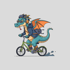 Cool dragon riding bicycle cartoon vector illustration