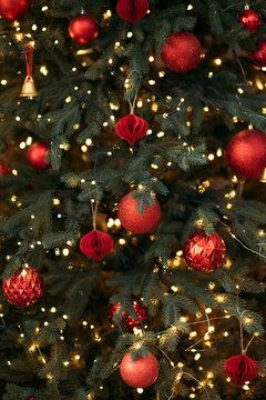 A close-up of a festive Christmas tree decorated with red ornaments, glowing fairy lights, and natural green pine needles.