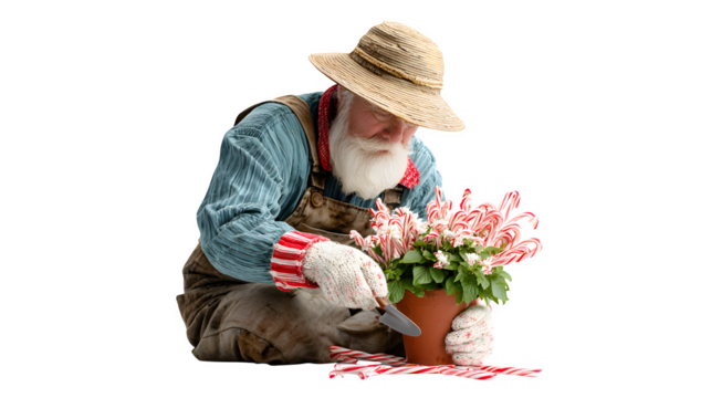 Santa as a gardener, planting candy canes like flowers in a festive pot, wearing gloves and a sunhat over his cap, isolated on white background