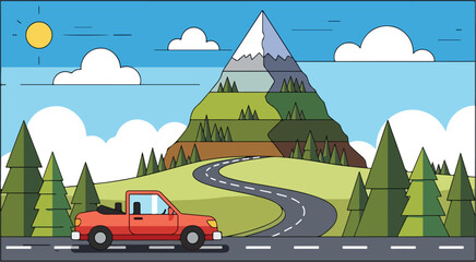 Naklejka premium Red car driving road trip adventure through mountain landscape cartoon illustration vector graphic design